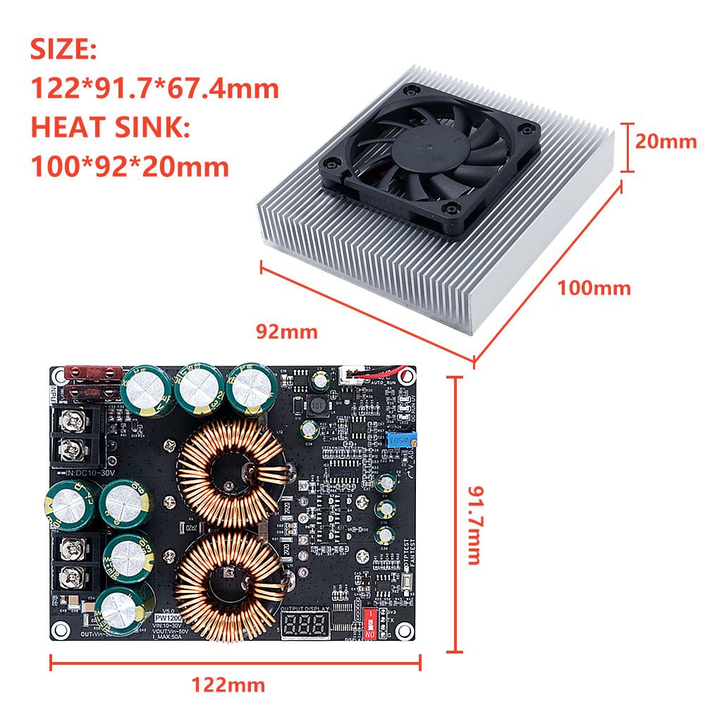 ZK-PW1200 50A Aufwärtswandler Netzteilmodul DC 10-30V auf 50V, 1200W, Audioverstärker Konverter mit doppelten Induktoren, LCD-Display