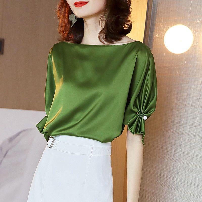 

Female Clothing Fashion Satin Shirt Summer Solid Color Casual Loose Elegant Shirring Chic Three-dimensional Decoration Blouse XXL