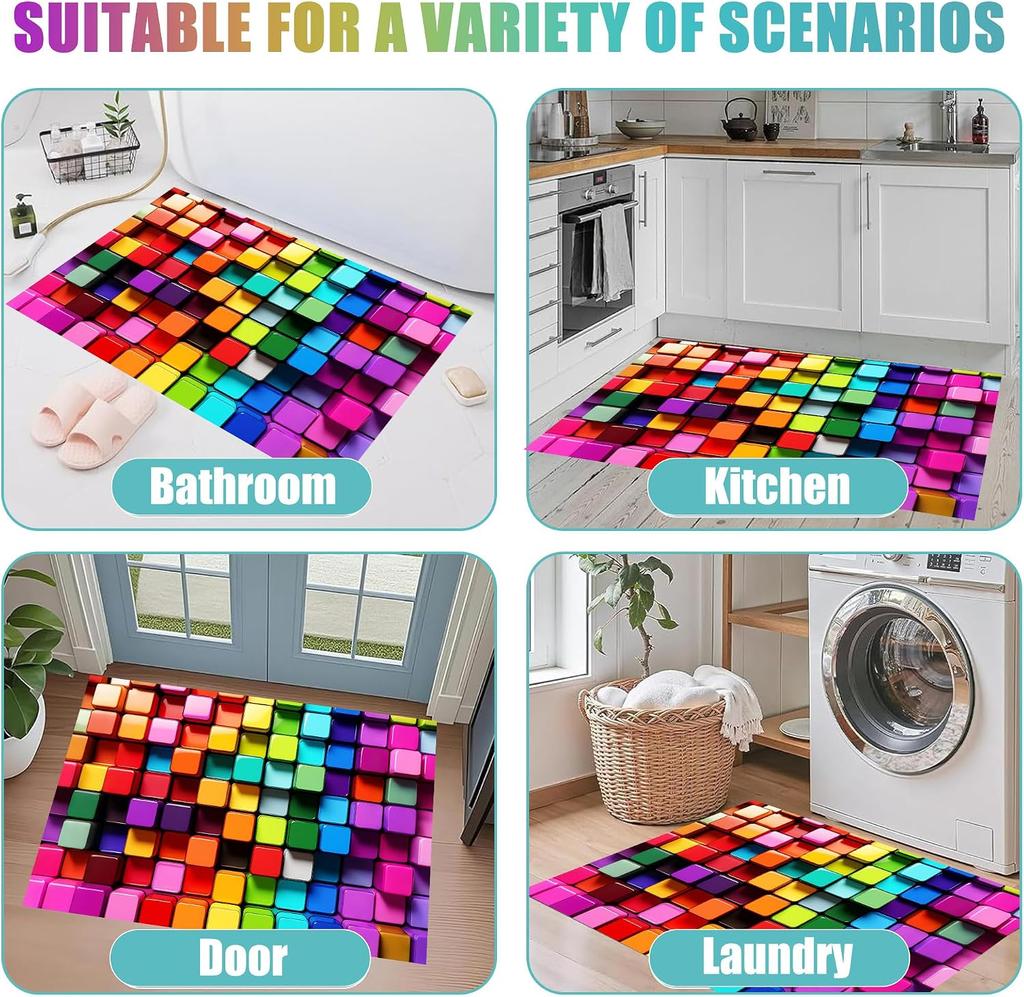 Rainbow Cube Area Rug, 3D Colorful Square Block Print, Non-Slip Washable Mat for Living Room Sofa Dining Room Indoor Decor