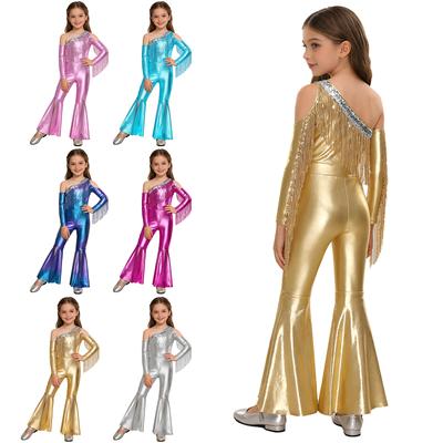 Mädchen Disco Party Bühnen Jumpsuit Metallisch Glänzend Pailletten Schulterfrei Strampler Langarm Quaste Glockenhose