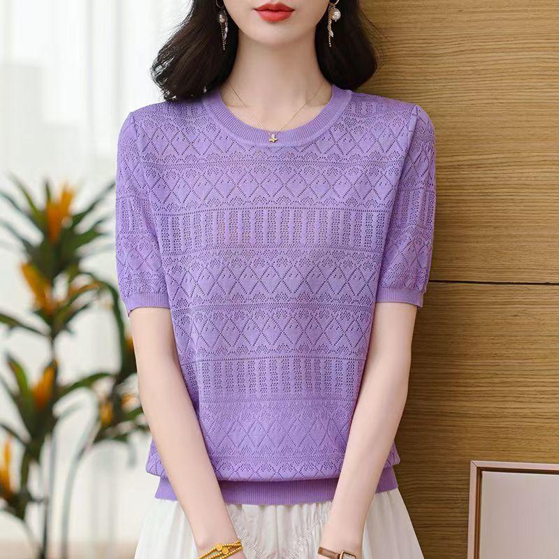 

Вязаный свитер с короткими рукавами и вырезами из ледяного шелка, женский топ-пуловер с жаккардовым узором и круглым вырезом, тонкая футболка, базовый слой для защиты от солнца, для ношения поверх одежды M