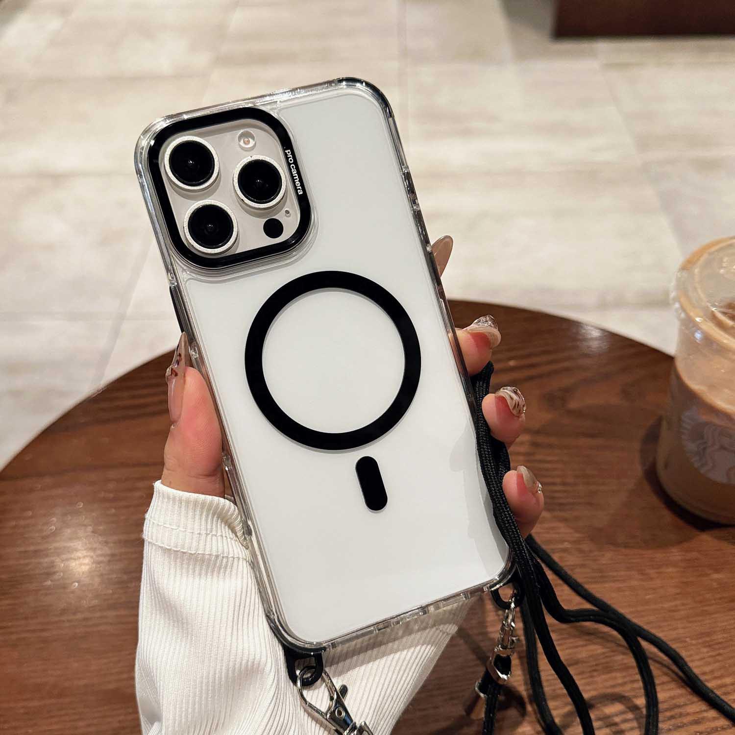 

Compatible iPhone Case: Magnetic Transparent Protective Cover with Lanyard for iPhone 12Max, 13, 14, 15Plus, 16Pro. iPhone 12 Pro Max