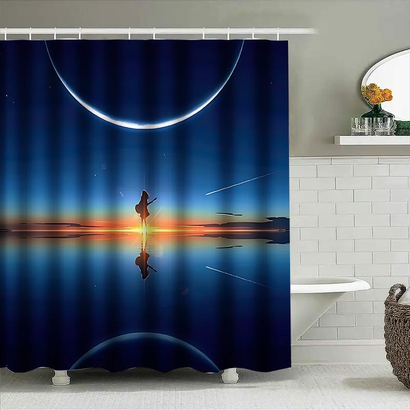 Dreamlike Planet Shower Curtain - Creative Space Scene With Guitarist And Celestial Bodies Suitable For Wet And Dry Separation