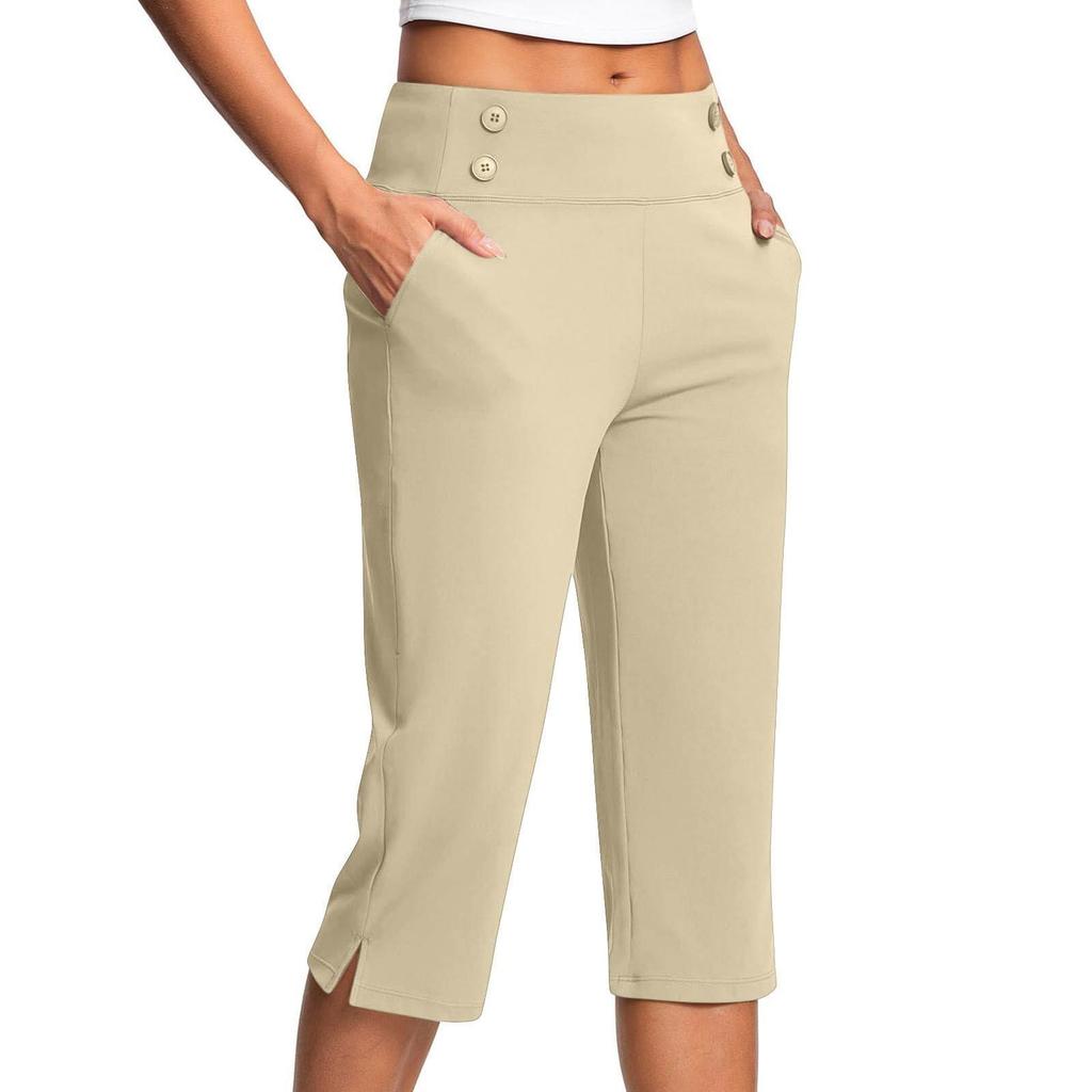 Women's Fashionable Solid Color Button Pocket Pants with Split Hems High Waist Sports Yoga Casual Cropped Pants