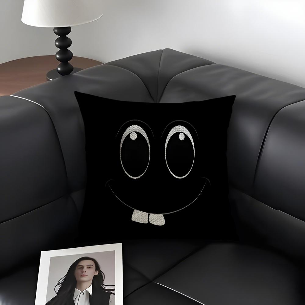 Black Emoticons Cool Cushion Cover Natural Linen Organic Fabric Double-Sided Printing Sofa Home Decor Gift Pillow Case
