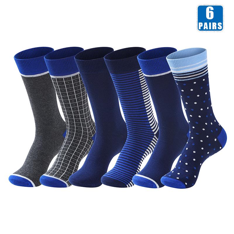 6 Pairs Men Dress Socks High Quality Cotton Business Casual Soft Brand Fashion Design Blue Dots Pattern Plus Size Long Male Sock