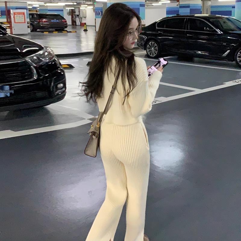Elegant French Chic Apricot Knit Set with Wide-Leg Pants - Autumn 2025
