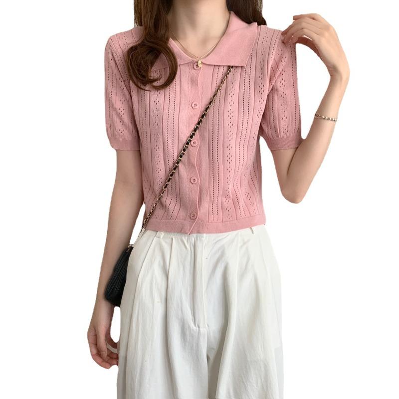 Knit Sweater Short Sleeve Tops Summer Thin Design Pink Hollow High Waist Short Paragraph Casual Essential Comfort and Style Slim Fit Pullovers Tees