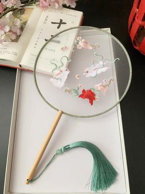 Chinese Traditional Art Embroidery Wooden Hand Fan, Classical, Ancient Dance Costume, Han Fu Cheongsam with Long Handle, Tasse