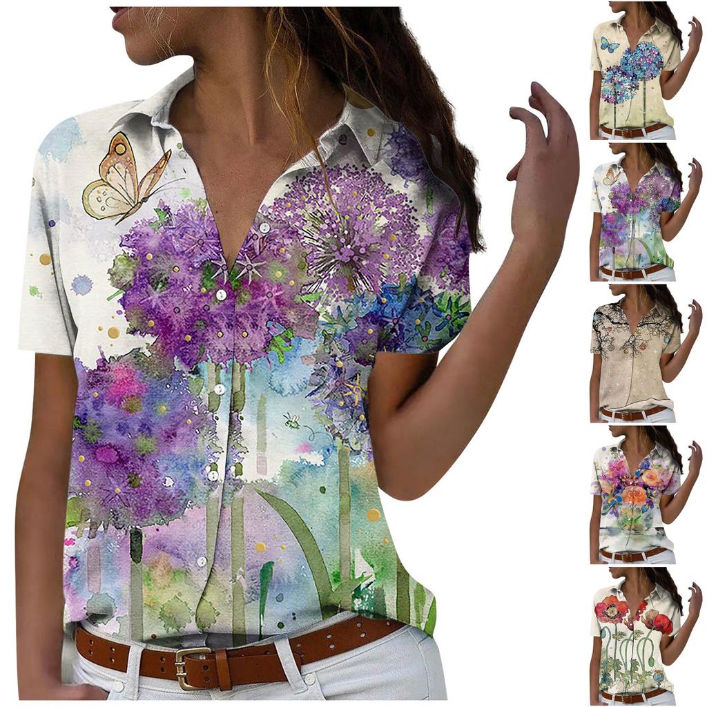 Damemote Uformelt kortermet trykkknapper Lapel Shirt Topp bluse