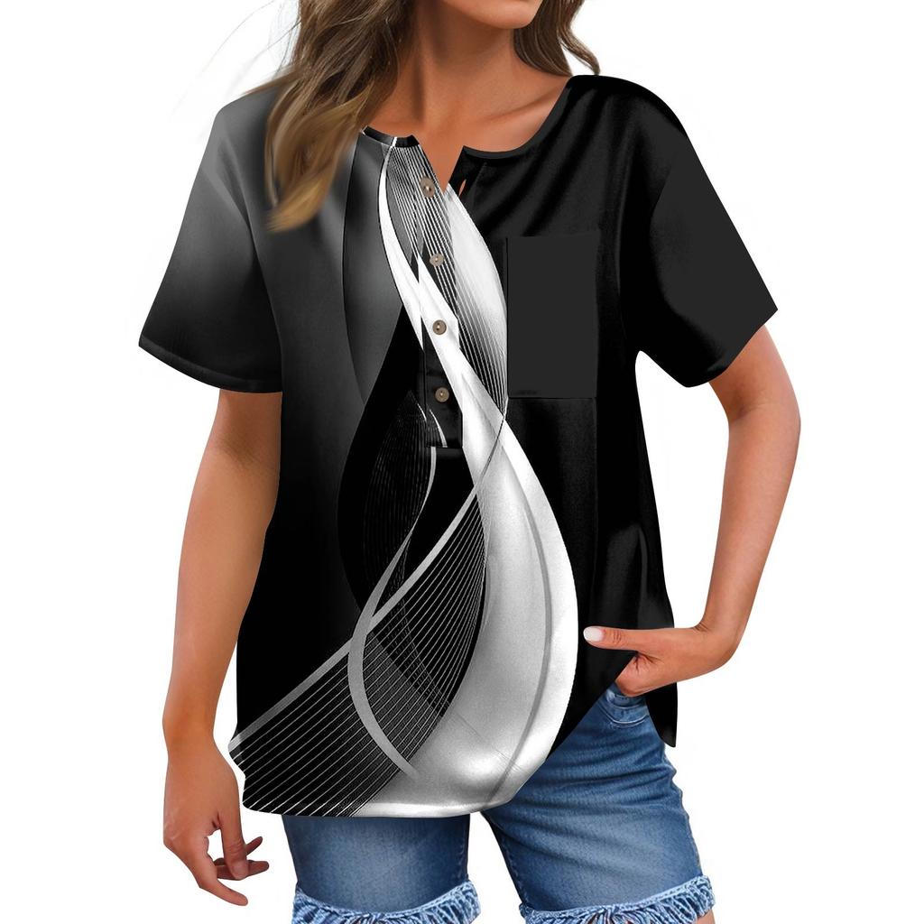 Damenmode, lässig, kurzärmelig, bedruckt, Rundhalspullover, Top-Bluse