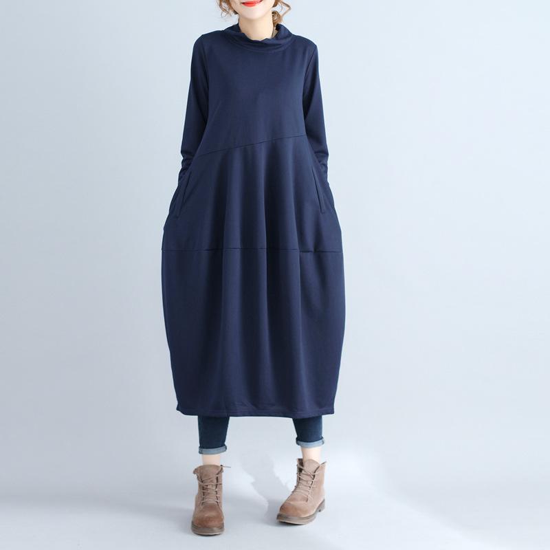 High-neck Long Sleeved Solid Color Dress