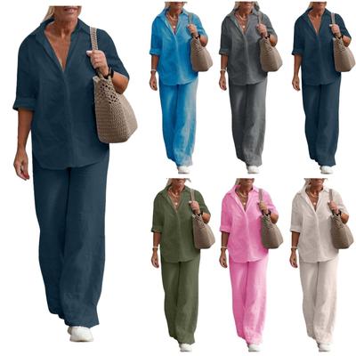 (Qunide) Women's Fashion Casual Summer Solid Color Lapel Long-sleeved Shirt Elastic Waist Nine-point Pants Two-piece Suit