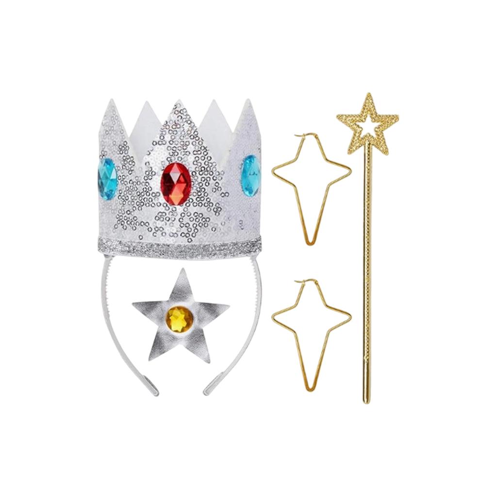 Princess Costume Accessories Set with Crown Headband Star Wand Earrings and Gem Brooch for Cosplay Halloween Stage Performance