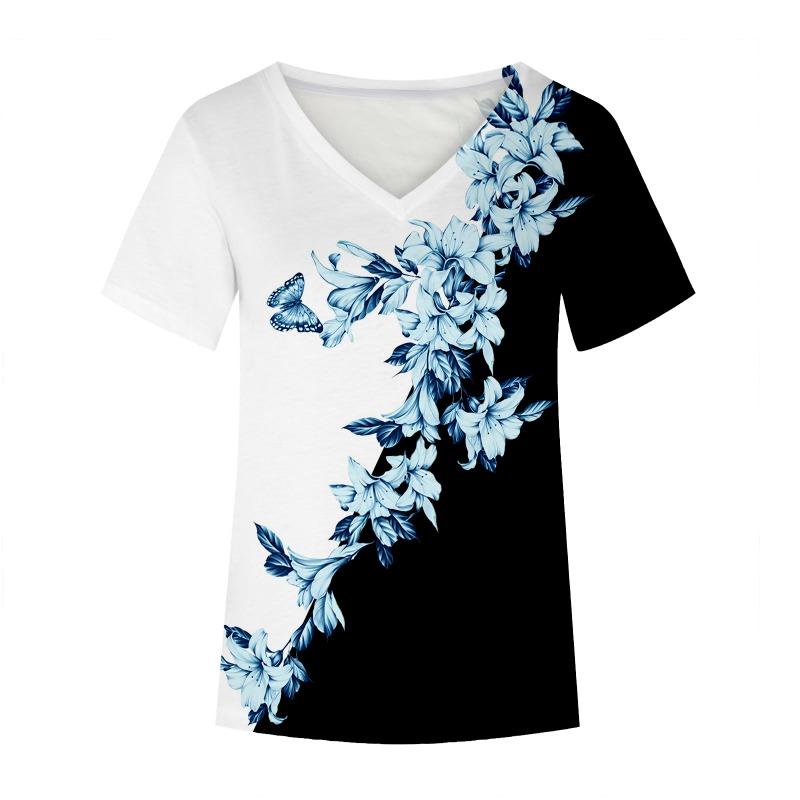 

Футболка с цветочным принтом, женская футболка с короткими рукавами и V-образным вырезом 3XL