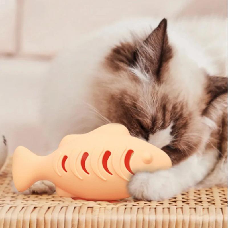Interactive Cat Toy Food Dispenser for Indoor Cats Blue Treat & Catnip Stuffer Engaging Silicone Fish Chew Toy for Dental Care