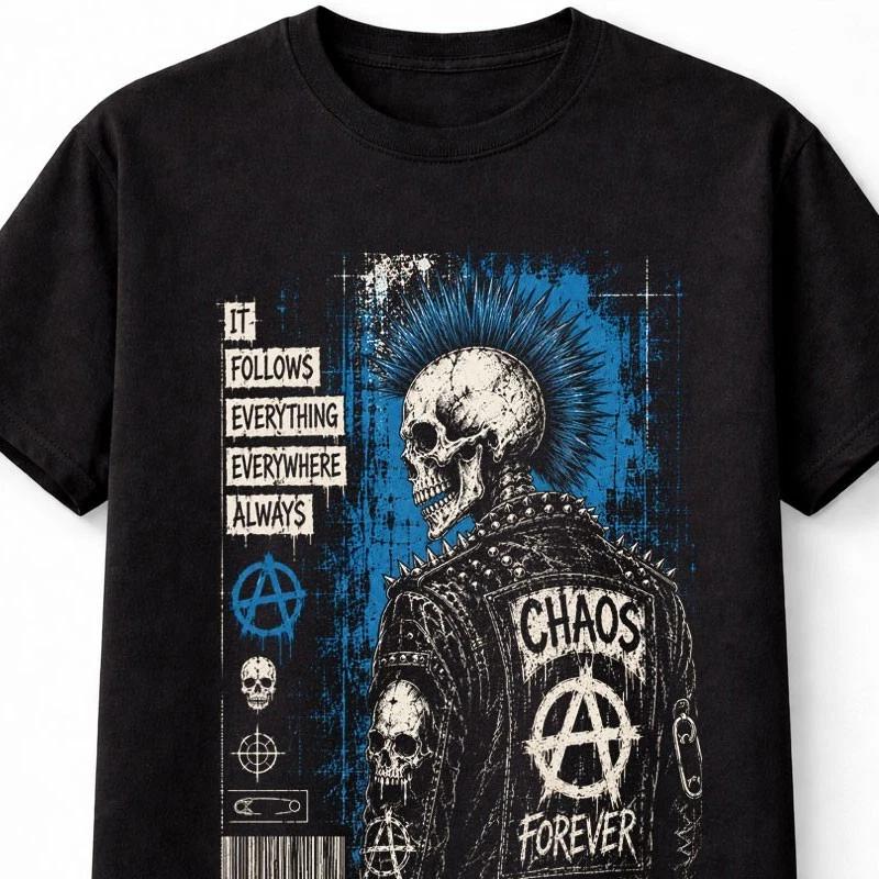 Chaos Forever Punk Skull Mohawk Anarchy Graphic Unisex TShirt S
