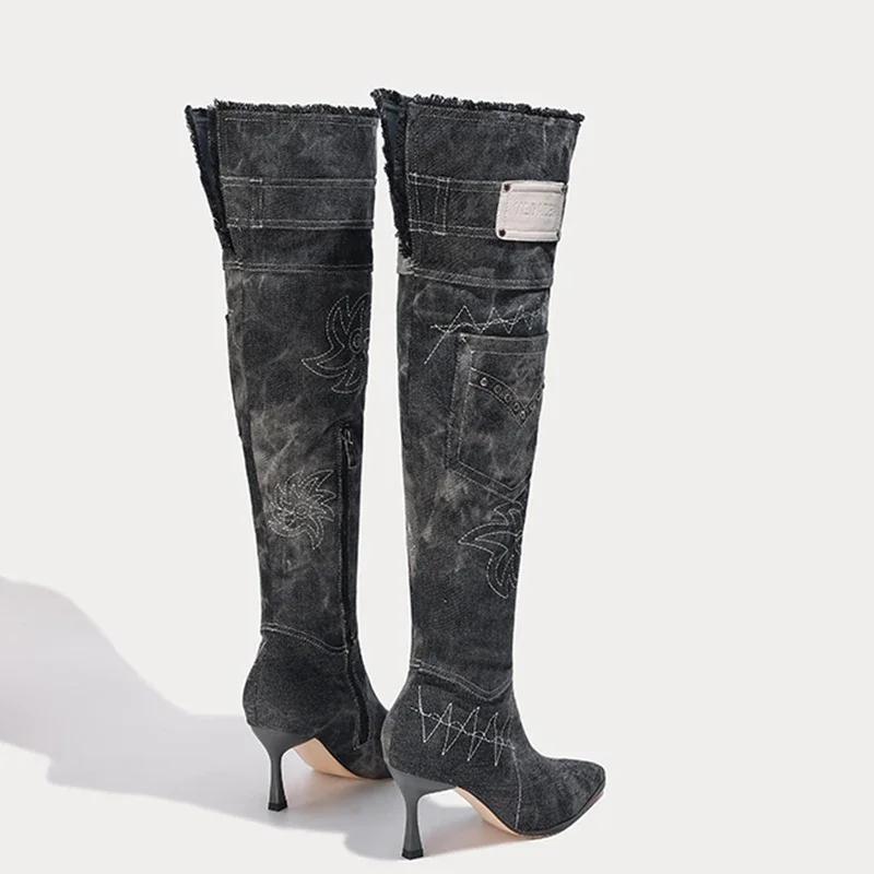 

Женские ковбойские высокие ботинки с острым носком, сексуальные туфли на высоком каблуке, элегантные женские зимние ботинки челси 2024 года, туфли-лодочки, новые женские ботинки 40 темно-синий