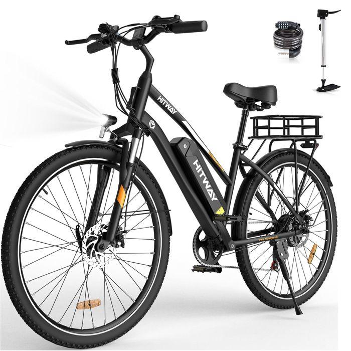 Elektrische fiets E-bike - HITWAY - Zwart - 28"- Afneembare Batterij 36V 12Ah - Shimano 7 Versnellingen - Elektrische Mountainbike + HITWAY Achtermand