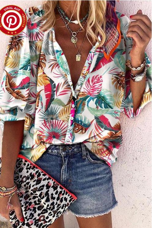 #Fashion Summer Women's Stand-Up Collar Loose Button Retro Printed Casual Shirt