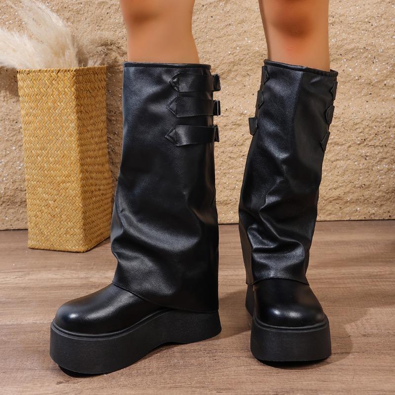 Mode 6,5 cm Absatz Kniehohe Stiefel für Damen Plateau Stiefel Frühling Herbst Winter Keil Bequem Bequem Motorradstiefel