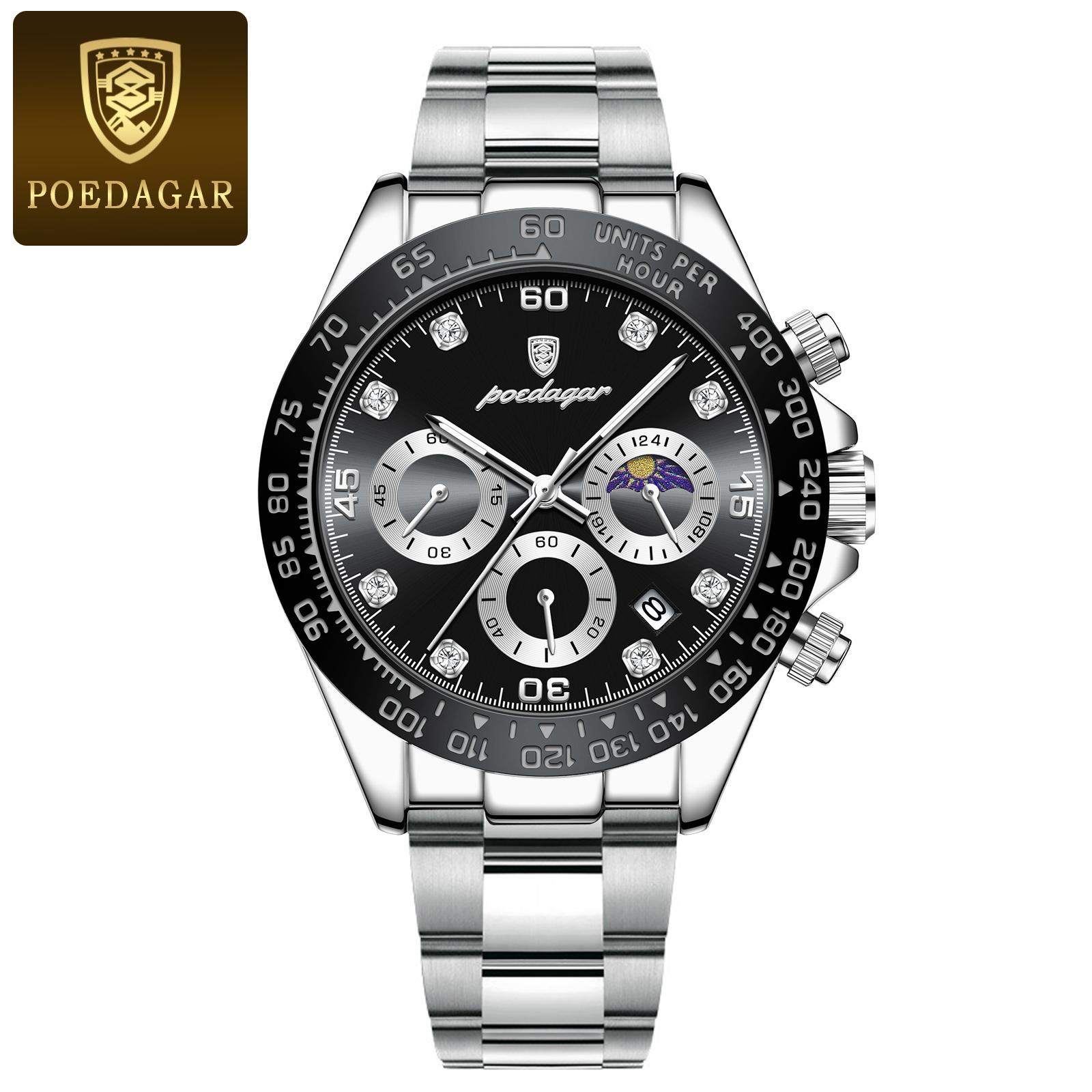 

POEDAGAR Luxury Watch for Men High Quality Luminous Waterproof Chronograph Men s Watch Stainless Steel Quartz Watches Reloj чёрный/серебряный