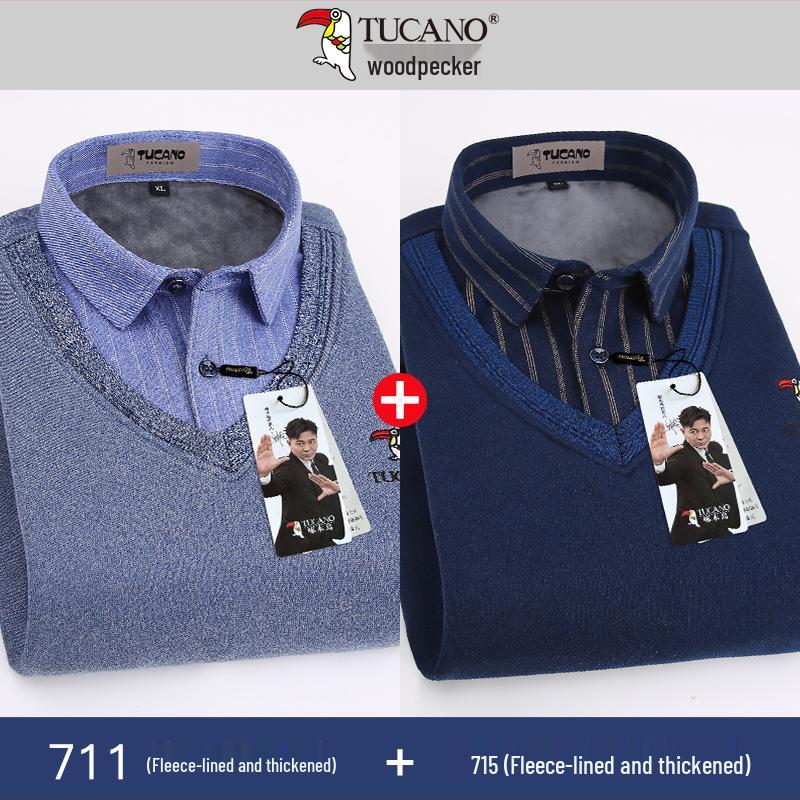 Woodpecker Men's Fleece-Lined Long Sleeve Two-in-One Thick Shirt Sweater for Dad