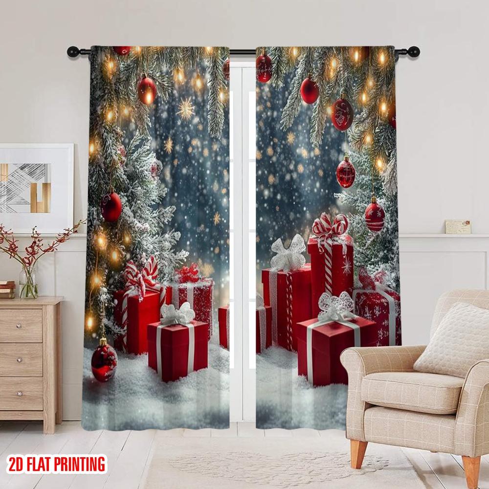 2pcs 2D flat printing Merry Christmas Scene Curtains winter wonderland Polyester Without Electricity Festive Wall Decor Use for