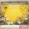 2D Bienen- und Gänseblümchen-Hintergrund, Waben- und Gelbholz-Party-Hintergrund