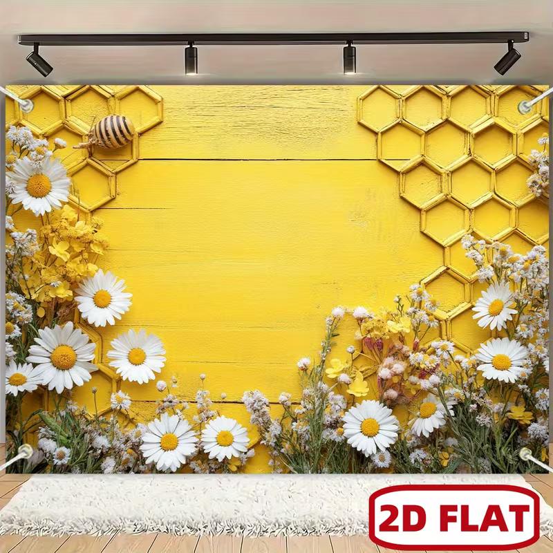 2D Bienen- und Gänseblümchen-Hintergrund, Waben- und Gelbholz-Party-Hintergrund