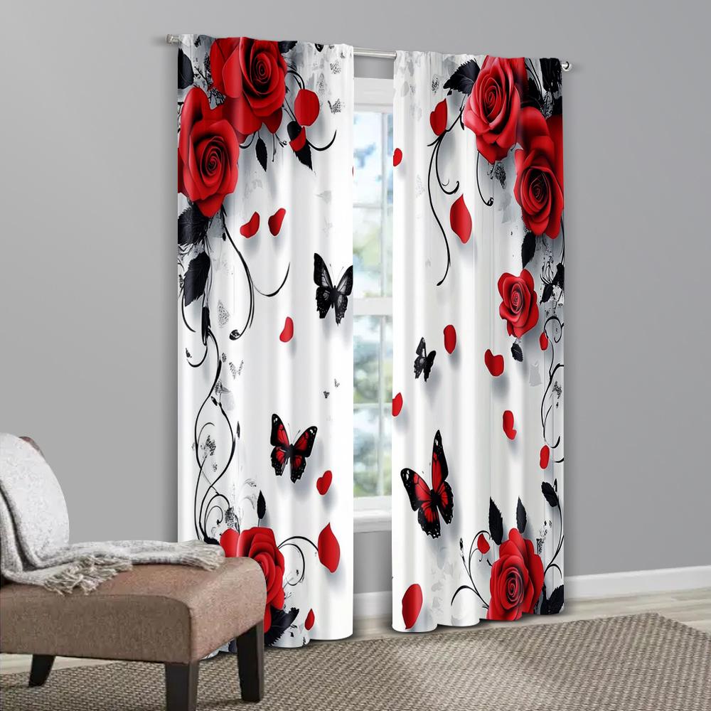 2pcs   Window Curtain  print Abstract Rose Design Versatile Fabric (without rod) Art Deco Festive Ldeal for Home Decor and