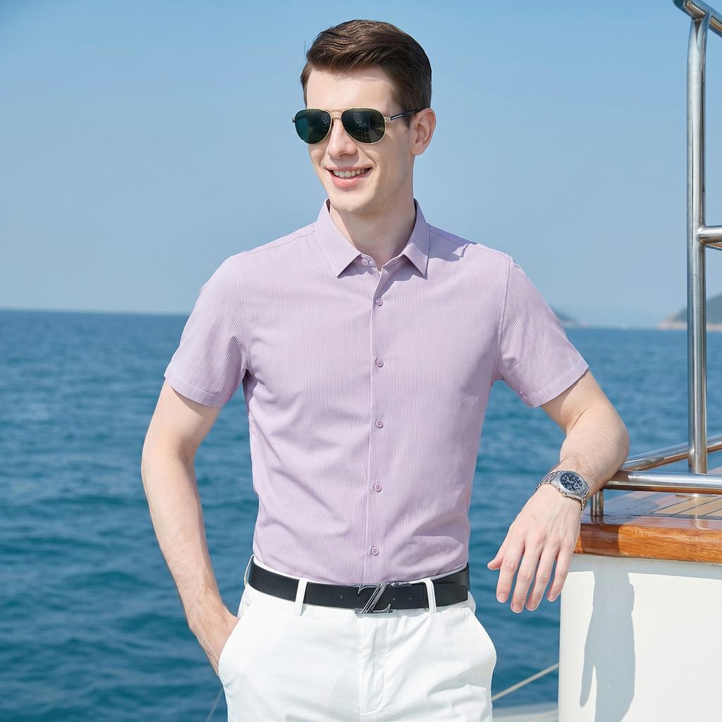 Summer machine washable shirt with linen and mulberry silk, men's business casual striped short sleeved shirt