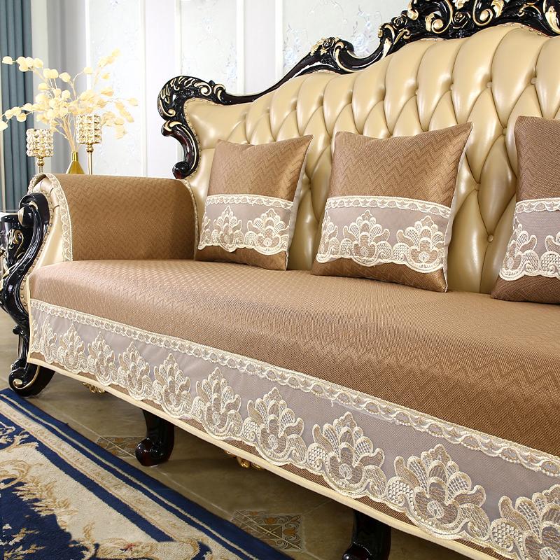 Summer European Ice Silk Fabric Sofa Cover Home Living Room Decoration Lace Hemline Non-slip Slipcover 1/2/3 Seats Sofa Cushion