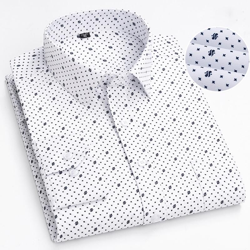 Men's 65% Cotton Long Sleeve Printed Check Dress Shirt Single Patch Pocket Regular-fit Comfortable Versatile Thin Casual Shirts