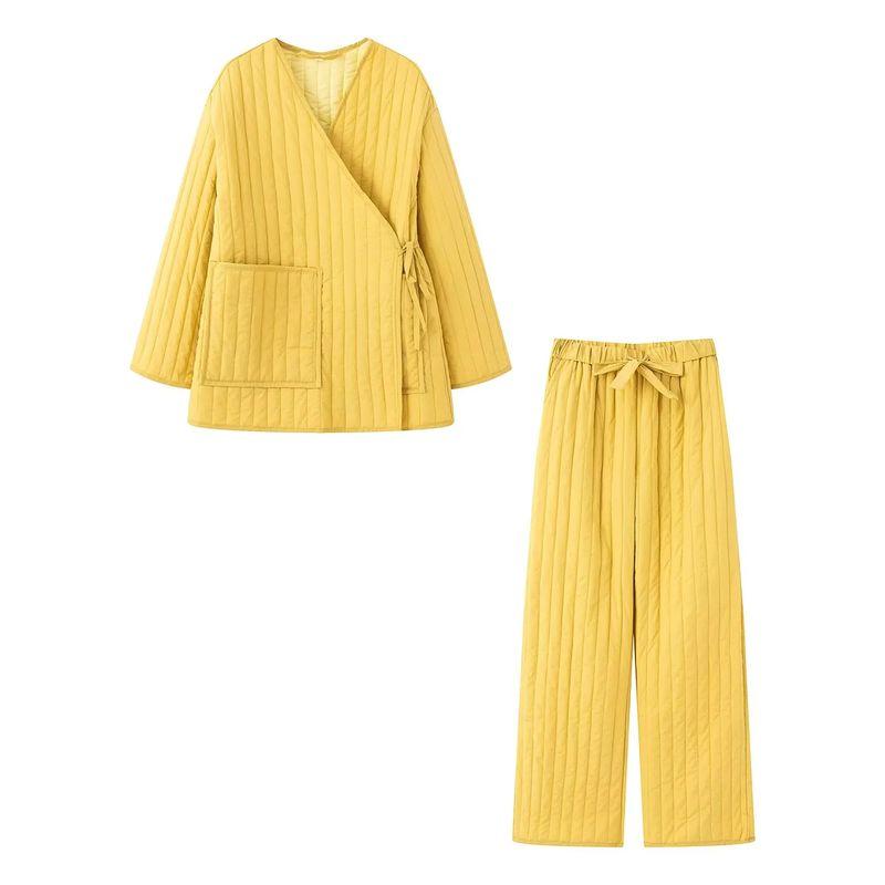 

Autumn New Women clothes Minimalist Style Loose Double Placket Kimono Cotton-padded jacket Outerwear + Casual Mid-Waist Trousers Set Yellow Suit M