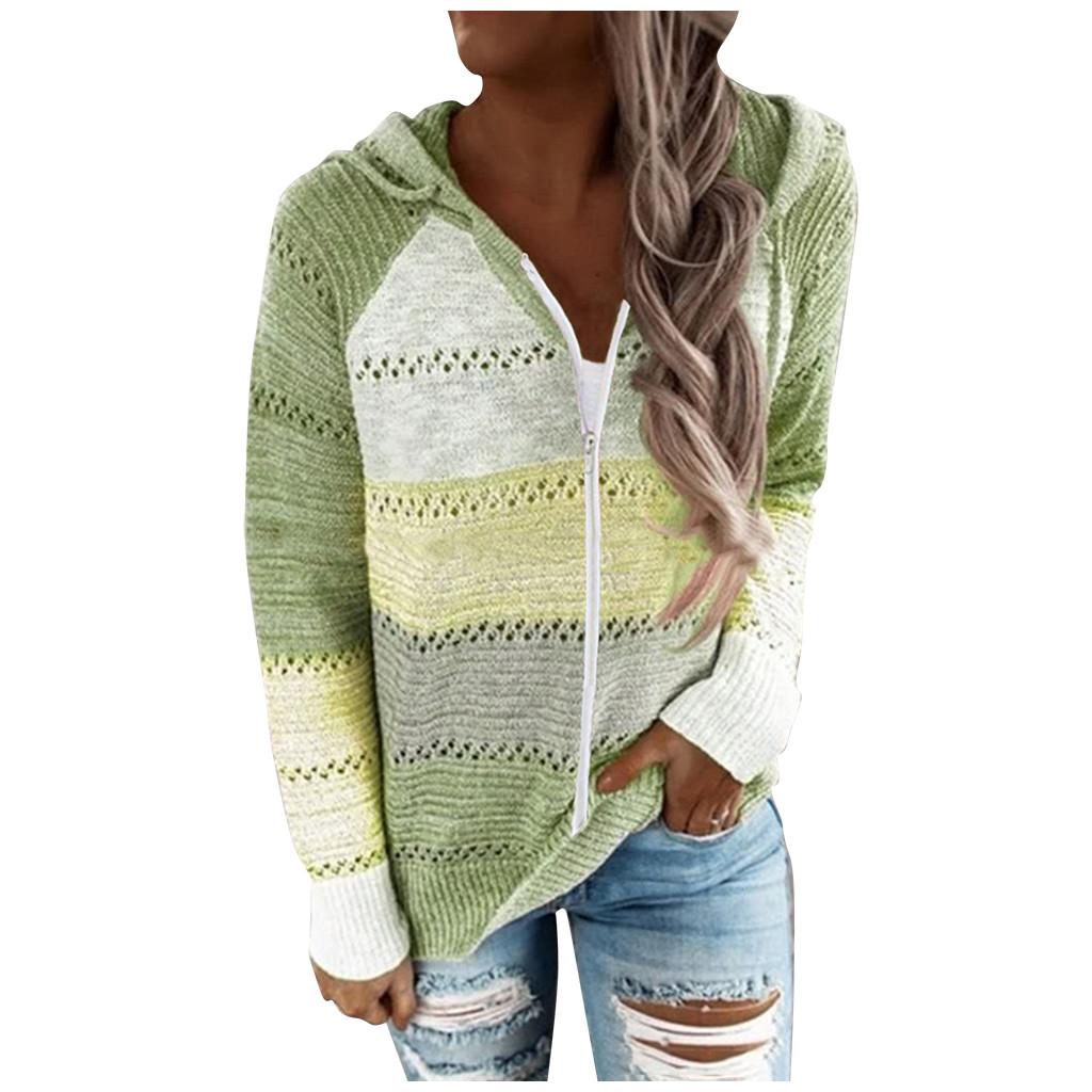 Fashion Women Casual Patchwork Long Sleeves Hooded Sweater Cardigan Blouse Tops