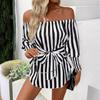 Neues Damenmode Lässiges Off-Shoulder Laternenärmel Asymmetrischer Saum Gestreiftes Hemd