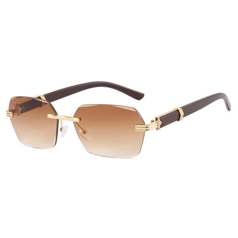 Trendige rahmenlose unregelmäßige quadratische Sonnenbrille mit kleinen Holzmaserbeinen