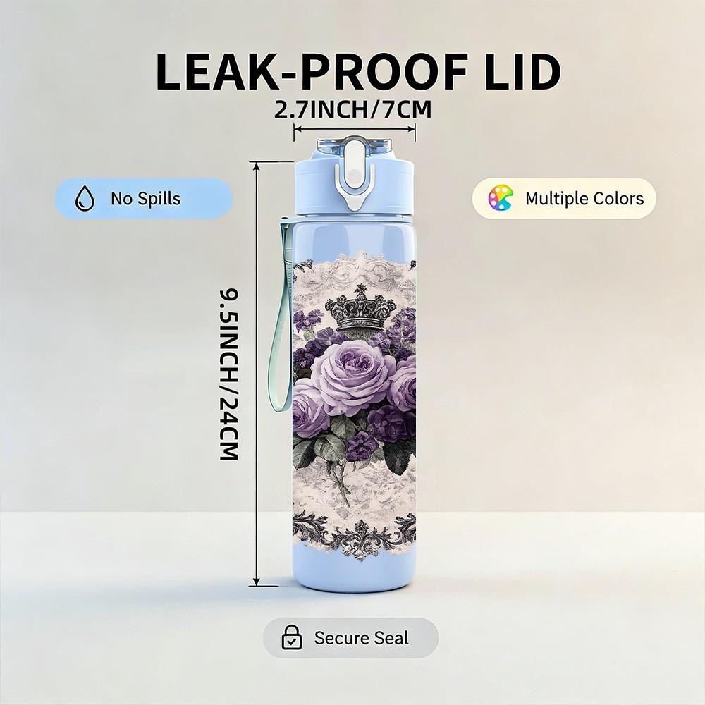 1PC Purple Rose Vintage Floral Print 750ml Color Plastic Sports Water Bottle Leakproof Flip Straw Lid Suitable for Sports Office Home Use
