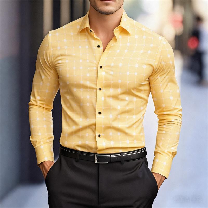 Men's Stylish Geometric Square Print Long-sleeved Shirt, Slim Fit Business Casual Shirt