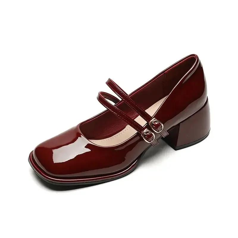 Fashion Large Size 34-43 Mary Jane Shoes Women Block Heel Patent Leather Black Shoes