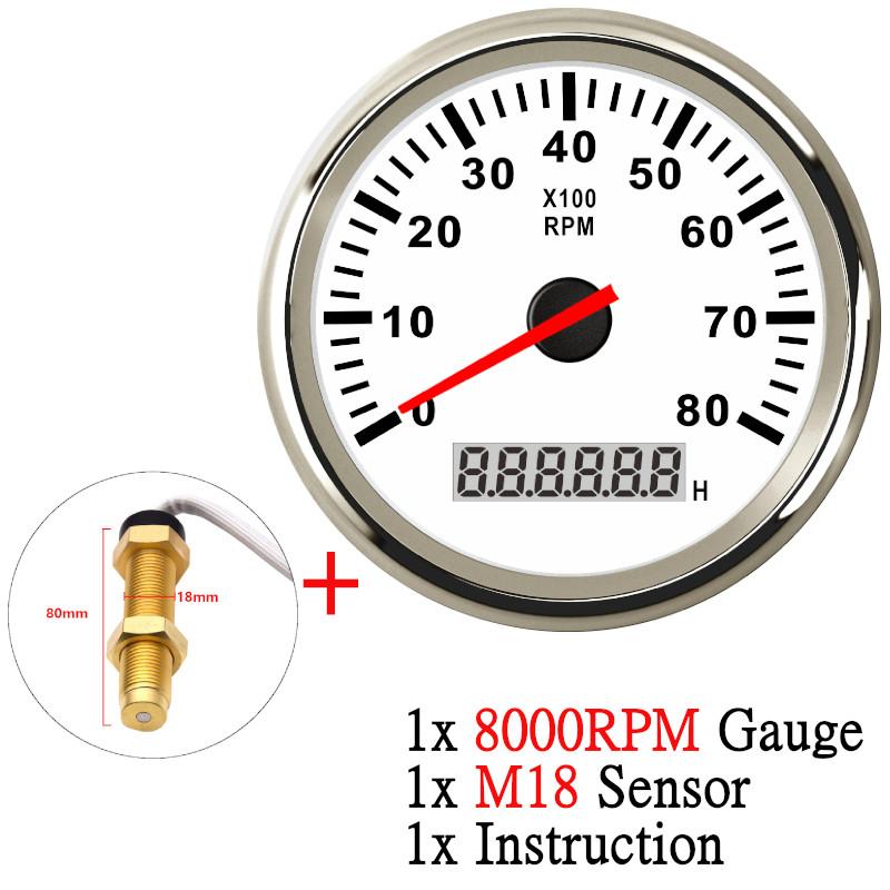 12V/24V 85mm Boat Tachometer Marine Tacho Meter Gauge LCD Hourmeter 8000RPM 6000RPM Car Toerenteller With Sensor M16