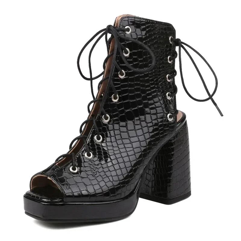 Fashion Woman Gladiator Platform Sandals Sexy Dress Party Lady Red Black Patent Leather Peep Toe Lace Up High Block Heels Shoes