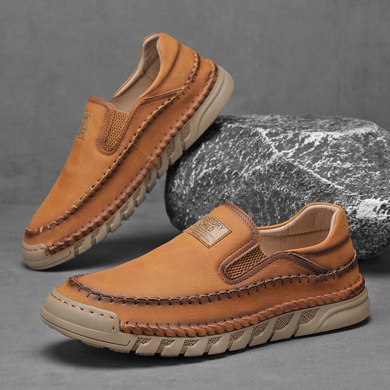 Handmade Leather Men's Casual Shoes Comfortable Slip on Loafers Vintage Style Moccasins Non-Slip Comfy Male Leisure Walk Flats