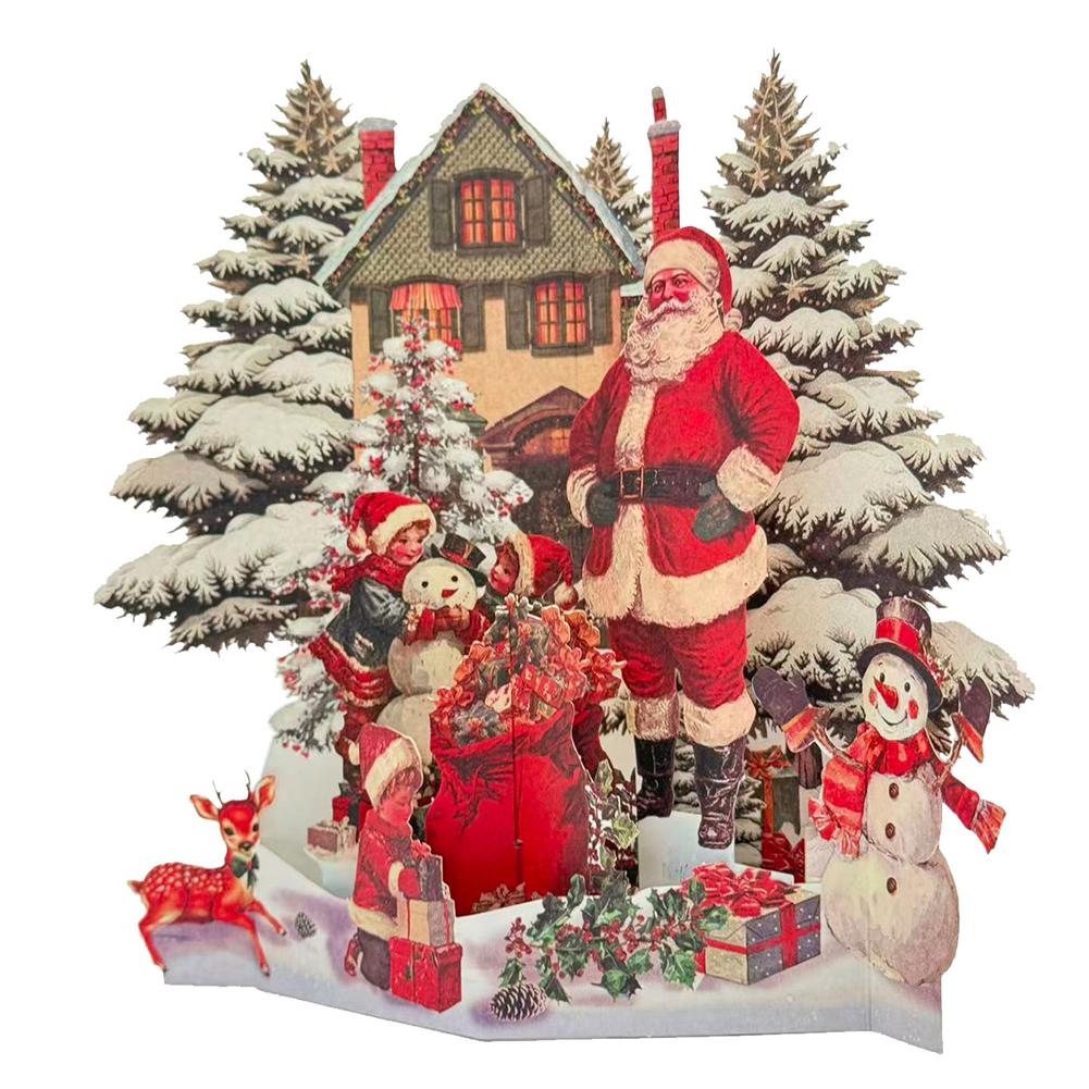 3D Christmas Card Night Before Christmas Scene With Santa Reindeer Snowy Village Festive Holiday Greeting Card Christmas Gifts