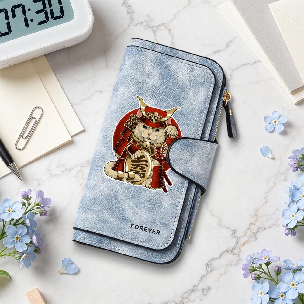Cute Samurai Cat Pattern Long Wallet Portable Multi Card Slot Daily Purse Fashion PU Leather Zipper Casual Small Clutch for Women