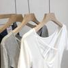 Women's Grey Cross Back Crop Top Round Neck Short Sleeve Casual T-Shirt