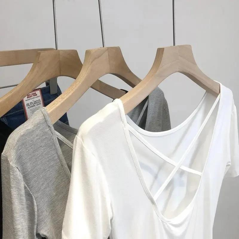 Women's Grey Cross Back Crop Top Round Neck Short Sleeve Casual T-Shirt