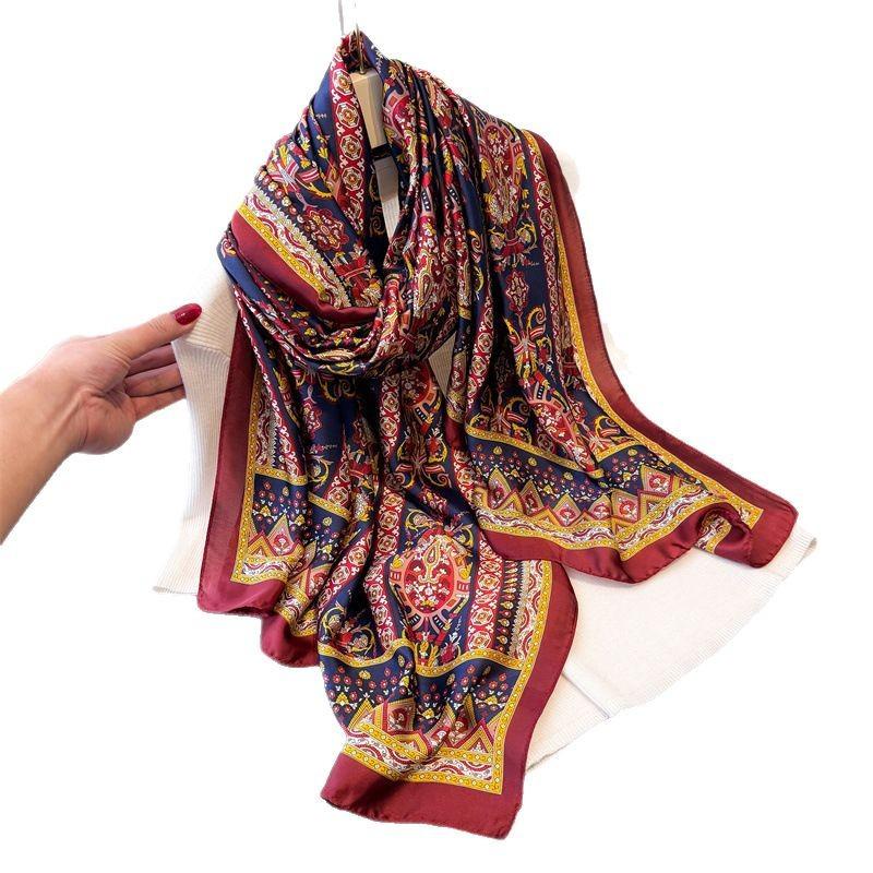 Spring And Summer Foreign Style Simulation Silky Brocade Fashion Silk Scarf Long Scarf Silky Smooth Printing Shawl Versatile Headscarf Scarf