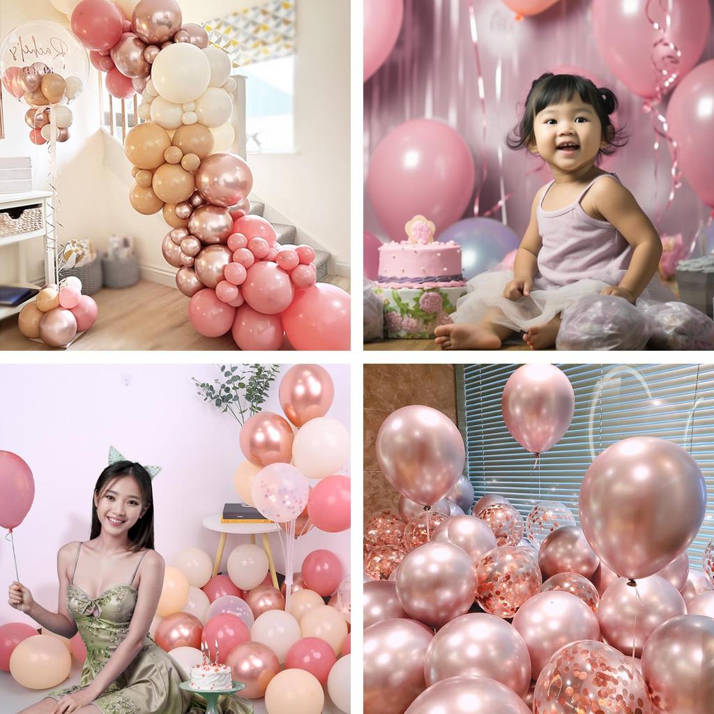 Partyda Balloons, Pack of 60, White, Reddish, Pink, and Rose Gold Balloons, Latex Balloons, Confetti Balloons, Metallic Balloons, Birthday Decorations